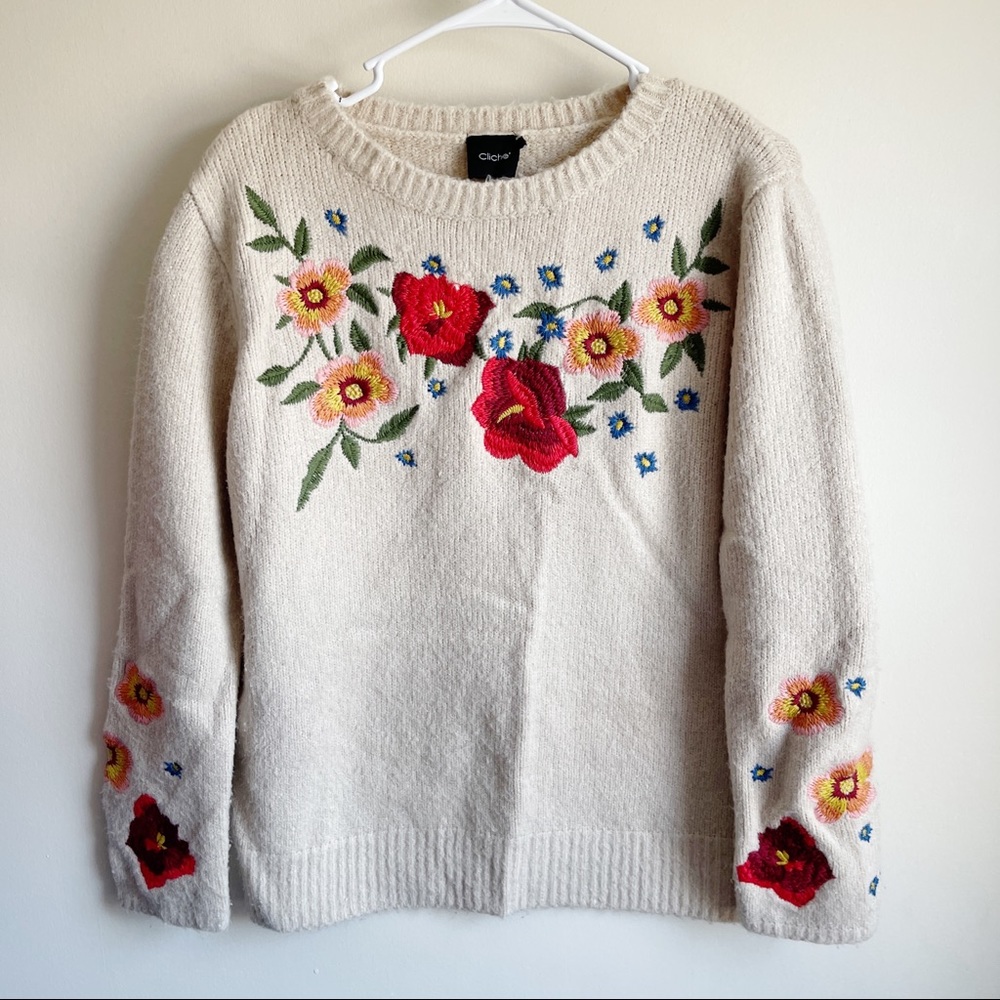 Cliche Tan Embroidered Floral Pullover Sweater